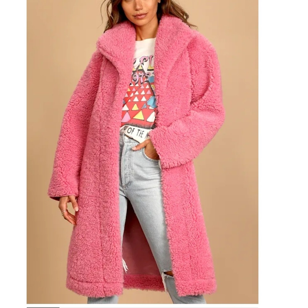 Lulus Teddy Coat Women XS Pink Faux Shearling Longline Notched Collar